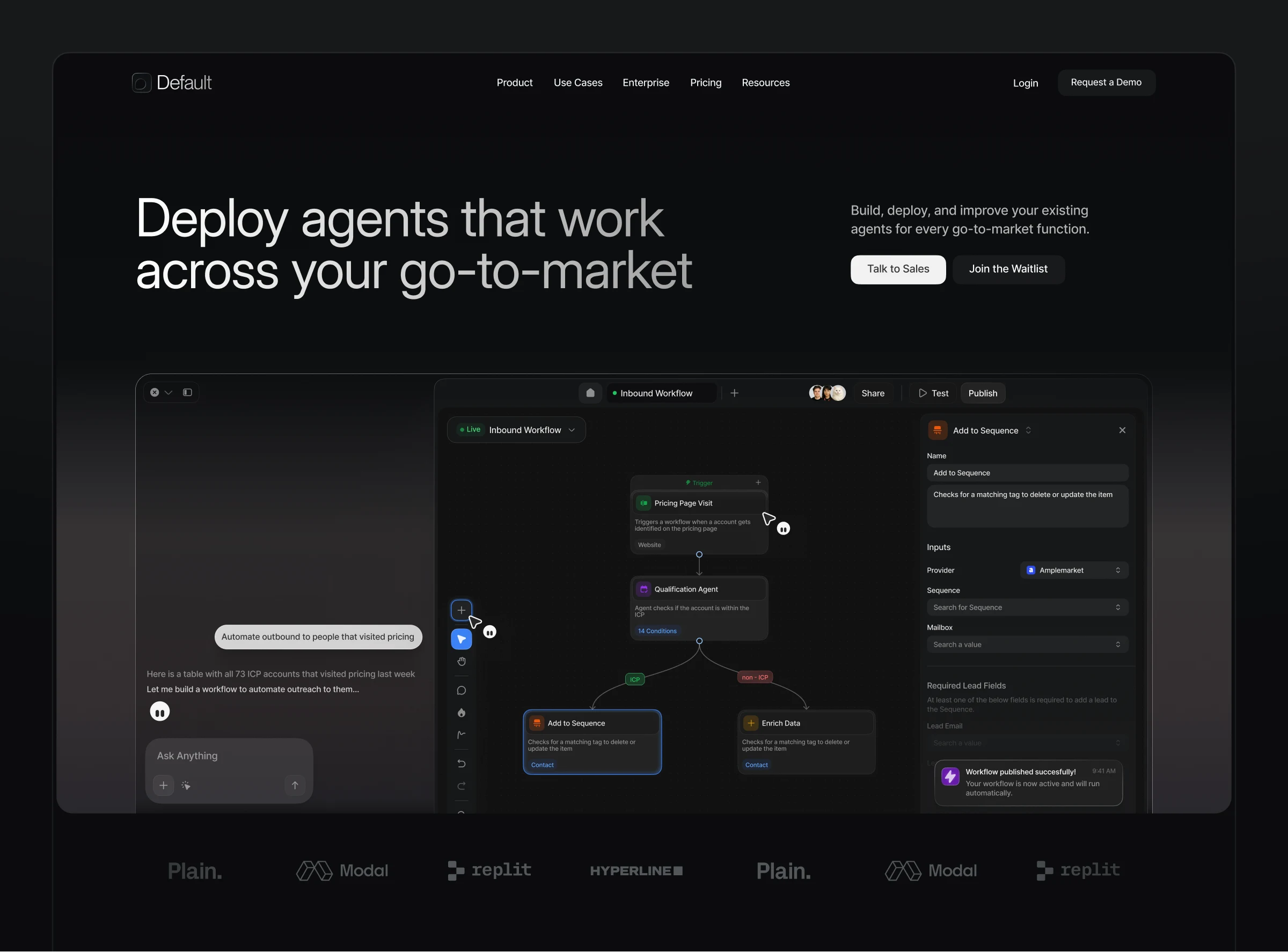 Default — homepage hero, deploy agents across your go-to-market